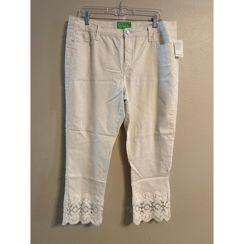 Pappagallo Womens White Denim Capri Pants Floral Lace Trim Cropped Jeans Size 16